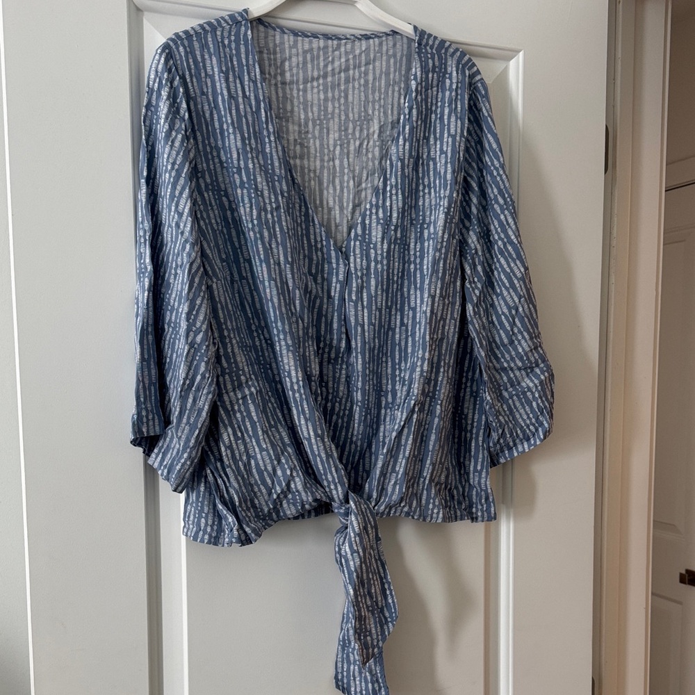Blue Tie-Front V-Neck Women's Top